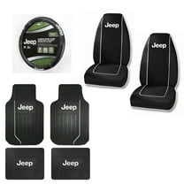 Jeep Logo 2 Front Vinyl Floor Mats and 2 Rear Vinyl Floor Mats with 2 Seat Covers Plus Wheel Cover Set