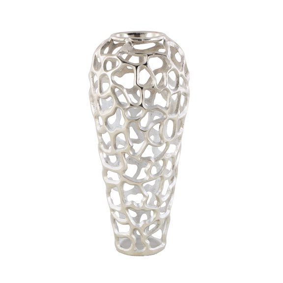 DecMode Silver Aluminum Metal Coral Cutout Decorative Vase, 8" x 8" x 19"