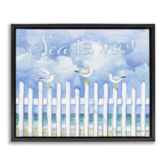 Stupell Industries Coastal Seagulls on Beach Fence Black Floating Frame Canvas Art, 21 x 17, by Paul Brent