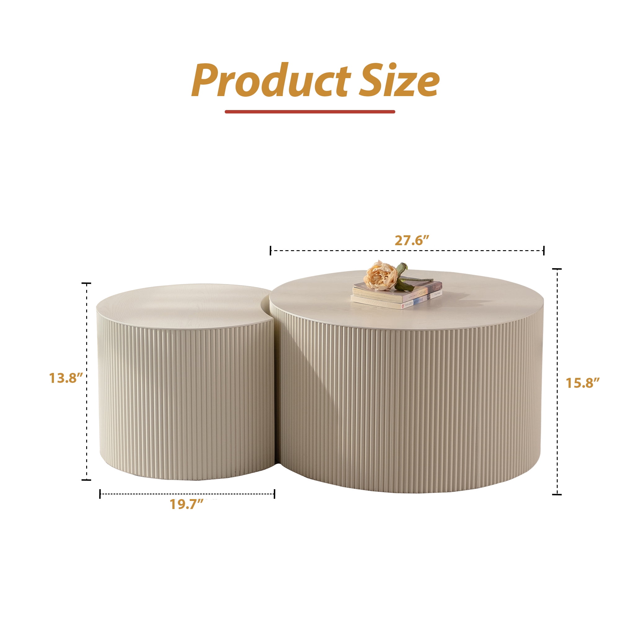 MDQMDCoffee Table Set of 2,Round Coffee Table Handcrafted Relief Sturdy Pedestal Wooden Olive-Shaped Tea Table for Living Room