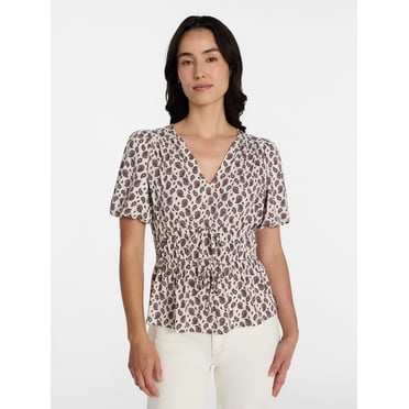 Time and Tru Women's and Women's Plus V Neck Shirred Peplum Top, Sizes XS-XXXL