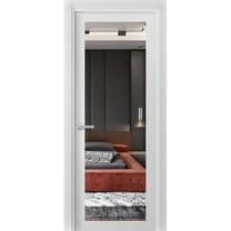 Solid Interior French Pre-Hung Door | Lucia 1299 White Silk with Mirror | Single Regular Panel Frame Trims Handle | Bathroom Bedroom Sturdy Doors -36" x 84"