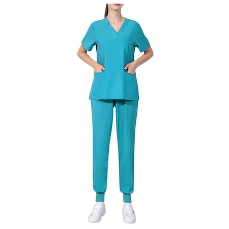 

TQWQT Scrubs for Women Set Short Sleeve Two Piece Scrub Shirts and Jogger Pants Solid Color Summer Workwear Working Uniform Light Blue XXL