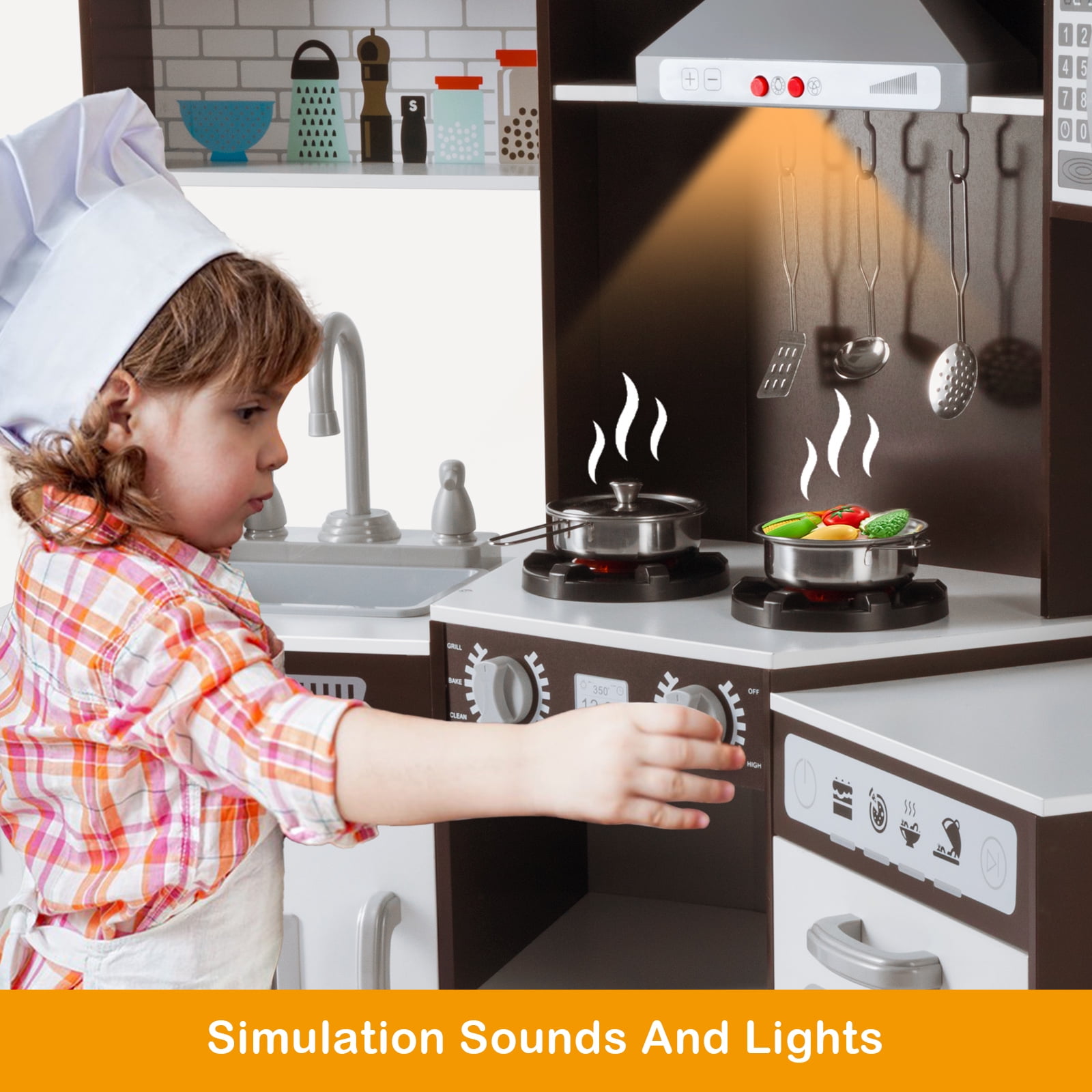 Toddler Play Kitchen Corner Wooden Pretend Kids Toys Playset Gift with Realistic Lights & Sounds, Water Dispenser, Microwave Oven, Phone, Sink, Cooking Accessories