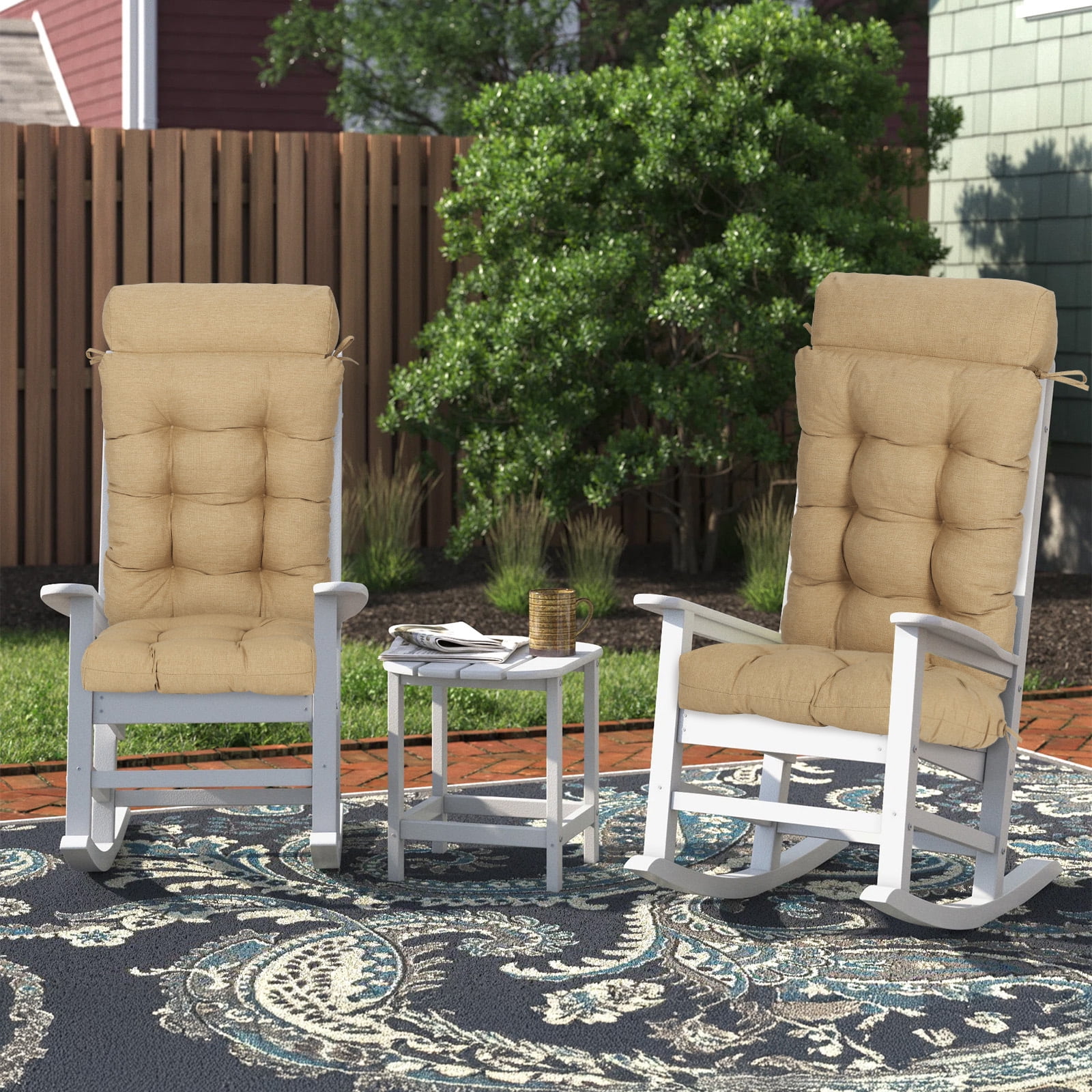 Aoodor  2 Pcs High Bcak Rocking Chair Cushion for Outdoor Indoor, Water Resistant & Fade Resistant Polyester Patio Adirondack Chair Cushion with Straps, 18" x 47", Brown