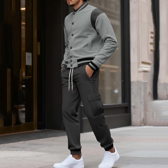 Yusimy Men's Fleece-Lined 2-Piece Bomber Jacket Set Solid Color Snap Cardigan Stand-Up Collar Pocket Cargo Pants Casual