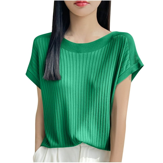 Timegard Hauts pour Femmes Manches Courtes Décontracté Ample Confortable Tricoté Haut Couleur Unie Col Rond Respirant T-Shirt