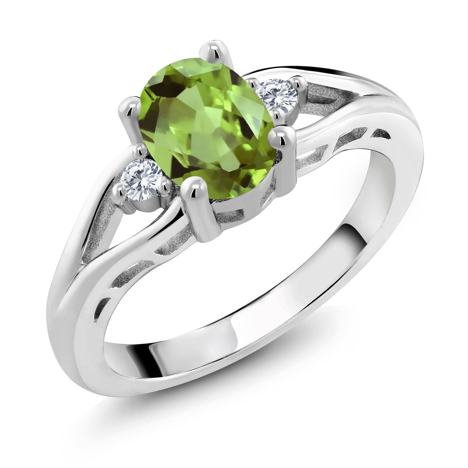 Gem Stone King 1.50 Cttw Green Peridot and White Topaz 3-Stone Ring for Women | 925 Silver | Gemstone Birthstone | Oval 8X6MM | Three Stone Wedding Engagement Anniversary Promise Ring | Size 9