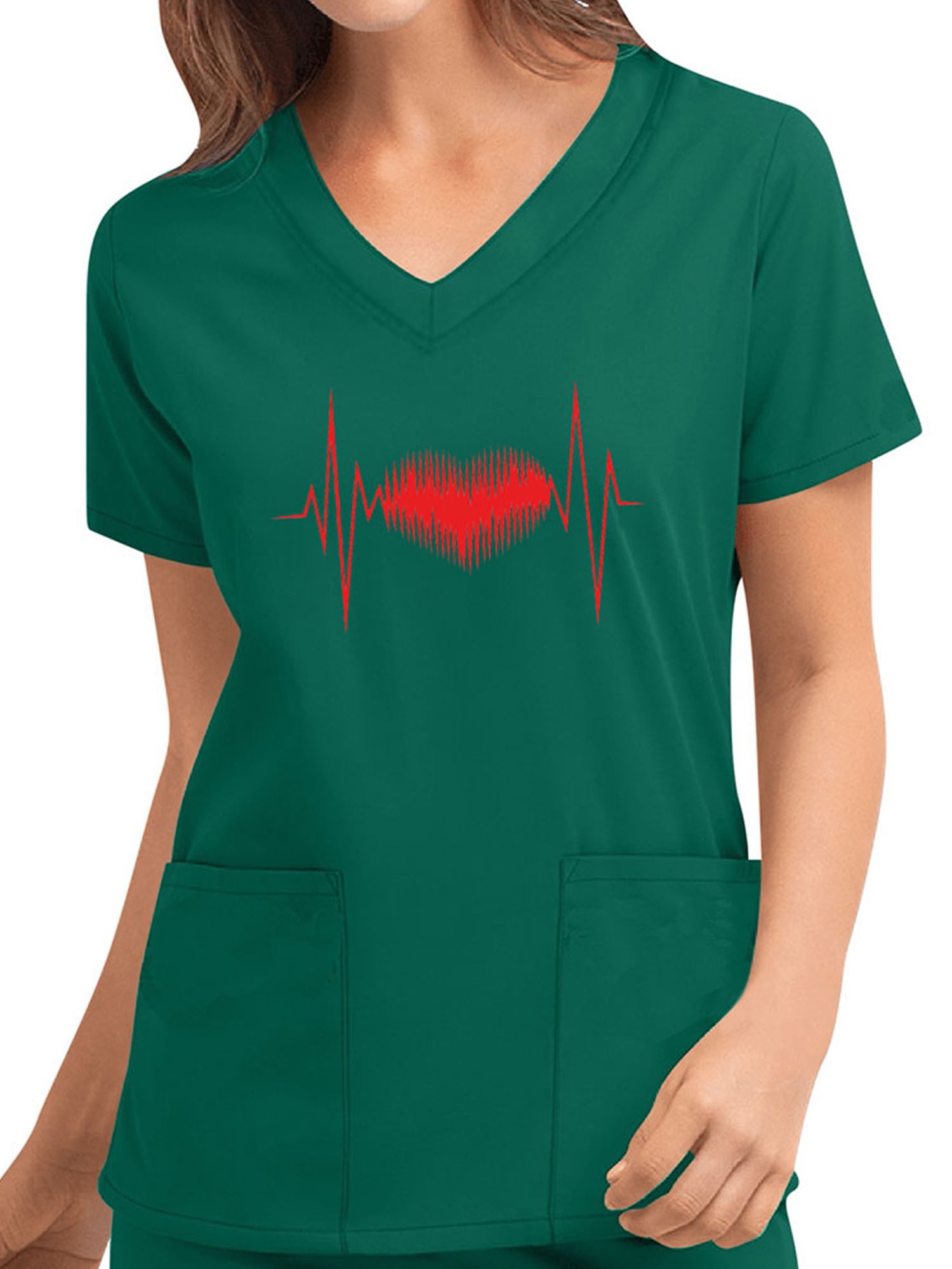 Women's Short Sleeve Nursing Tops Nurse Medical Uniform Pockets T