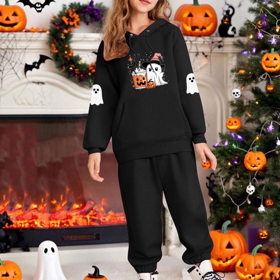hengsof Girls Halloween Fleece 2 Piece Outfits Hoodie Sweatsuit Oversized Sweatshirt and Sweatpants Set Fall Winter Clothes