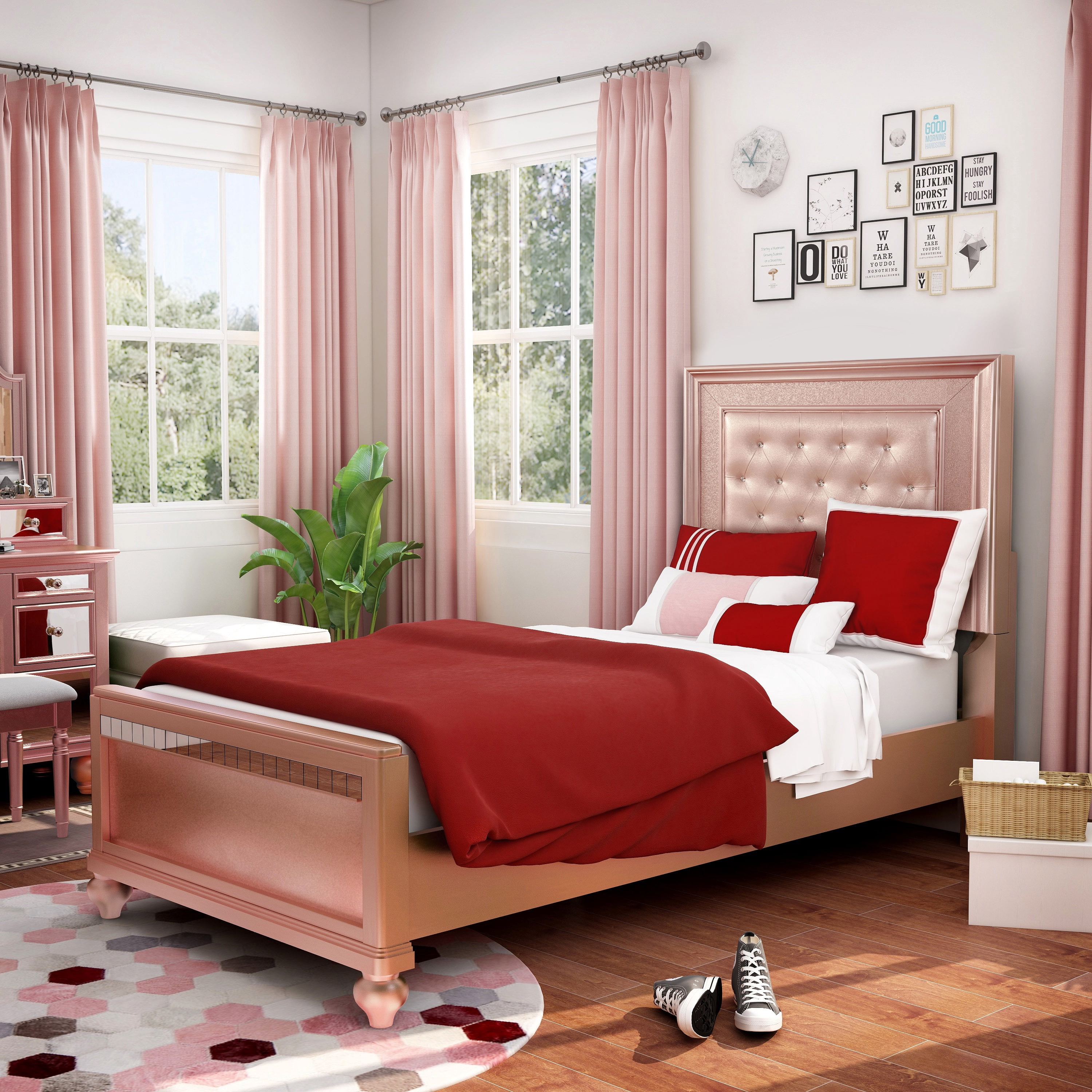 Furniture of America Starnom Contemporary Panel Bed, Twin, Rose Pink