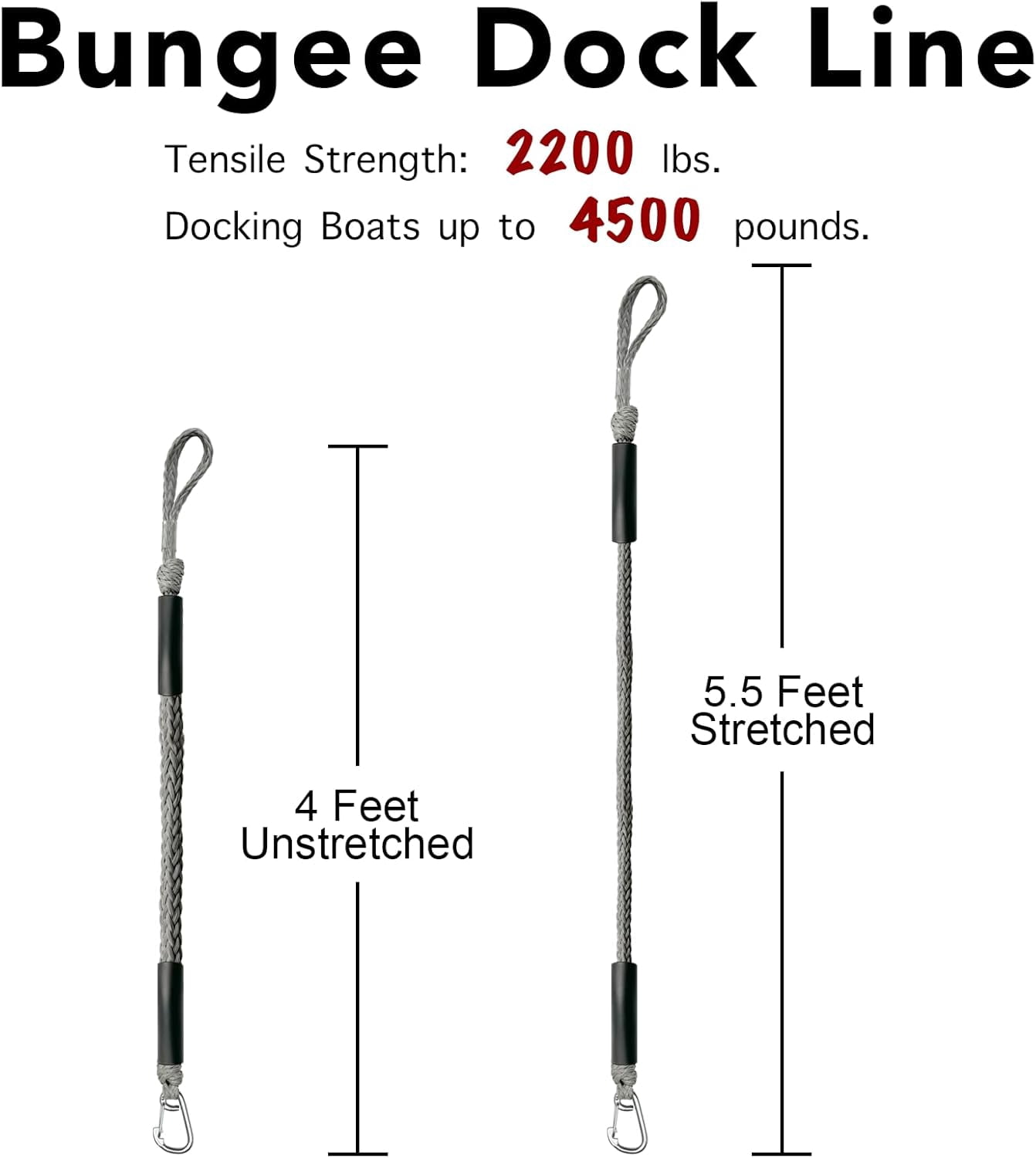 4 Feet Bungee Dock Line Mooring Rope for Docking with Stainless Steel Clip Accessories for Boats PWC, Built in Snubber, Kayak, Watercraft,SeaDoo,Jet Ski, Pontoon, Canoe, Power Boat 2-Pack (Grey)