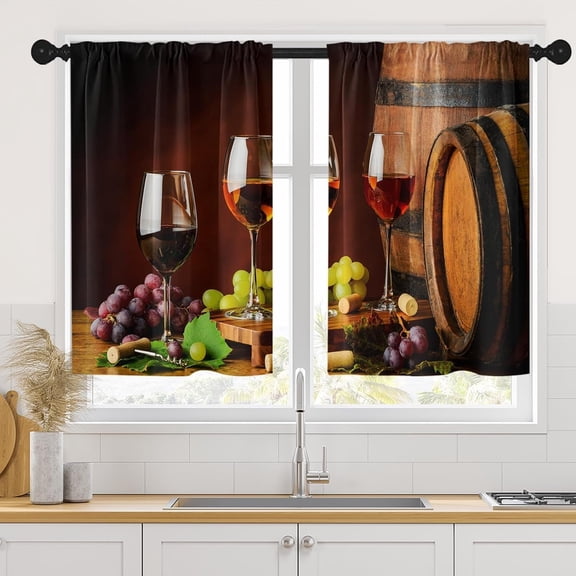 Red Rose Wine Vintage Kitchen Curtains, Grape Cork Brown Short Window Curtains Set of 2, Window Treatment Tier Curtains for Kitchen Over Sink Dining Room Decor (26x36 Inch)