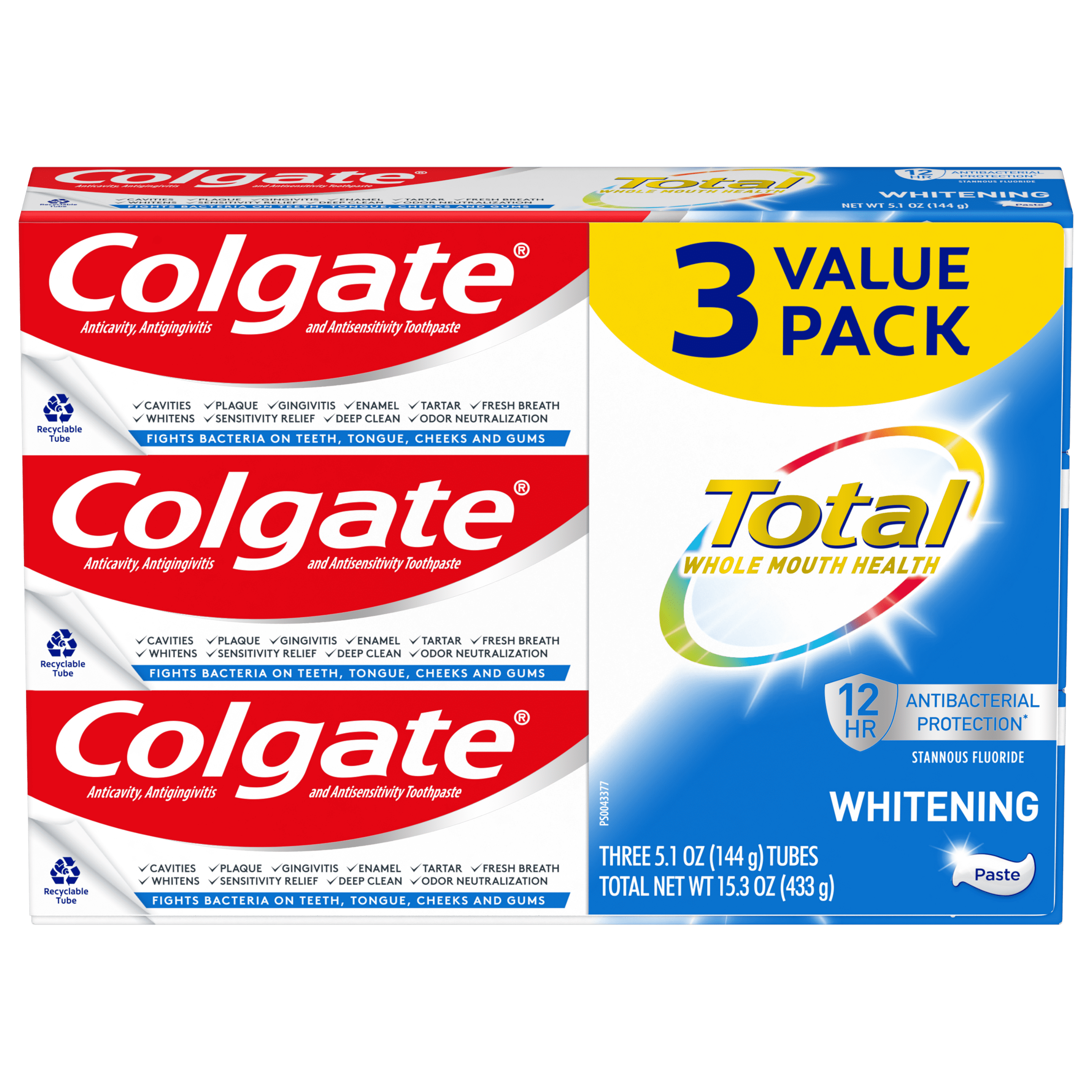 Colgate Total Whitening Toothpaste, Mint, 3 Pack, 5.1 Oz Tubes