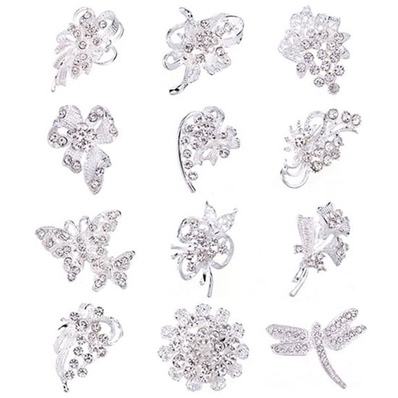 Shulemin 12Pcs Women Rhinestone Hollow Flower Butterfly Bridal Scarf Lapel Brooch Pins
