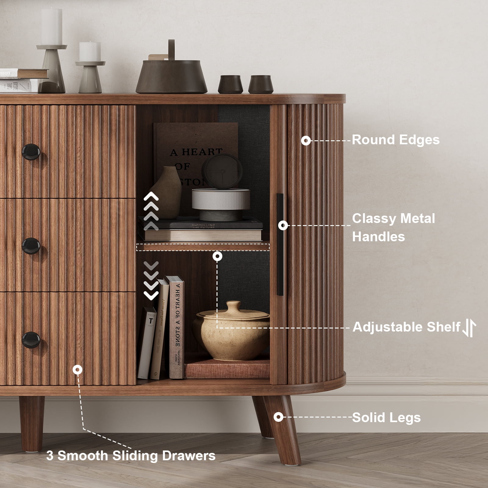 Hommoo Sideboard Buffet Cabinet with 2 Sliding Tambour Doors and 3 Drawers, Credenza Storage Cabinet with Adjustable Shelves for Living Room, Walnut