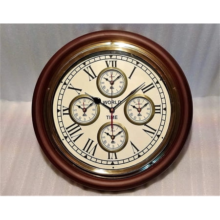 Vintage World Time Wall Clock with 5 Time Zones – Roman Numerals & Wooden Frame Grandmother, Grandfather, Birthday, Valentine Gift