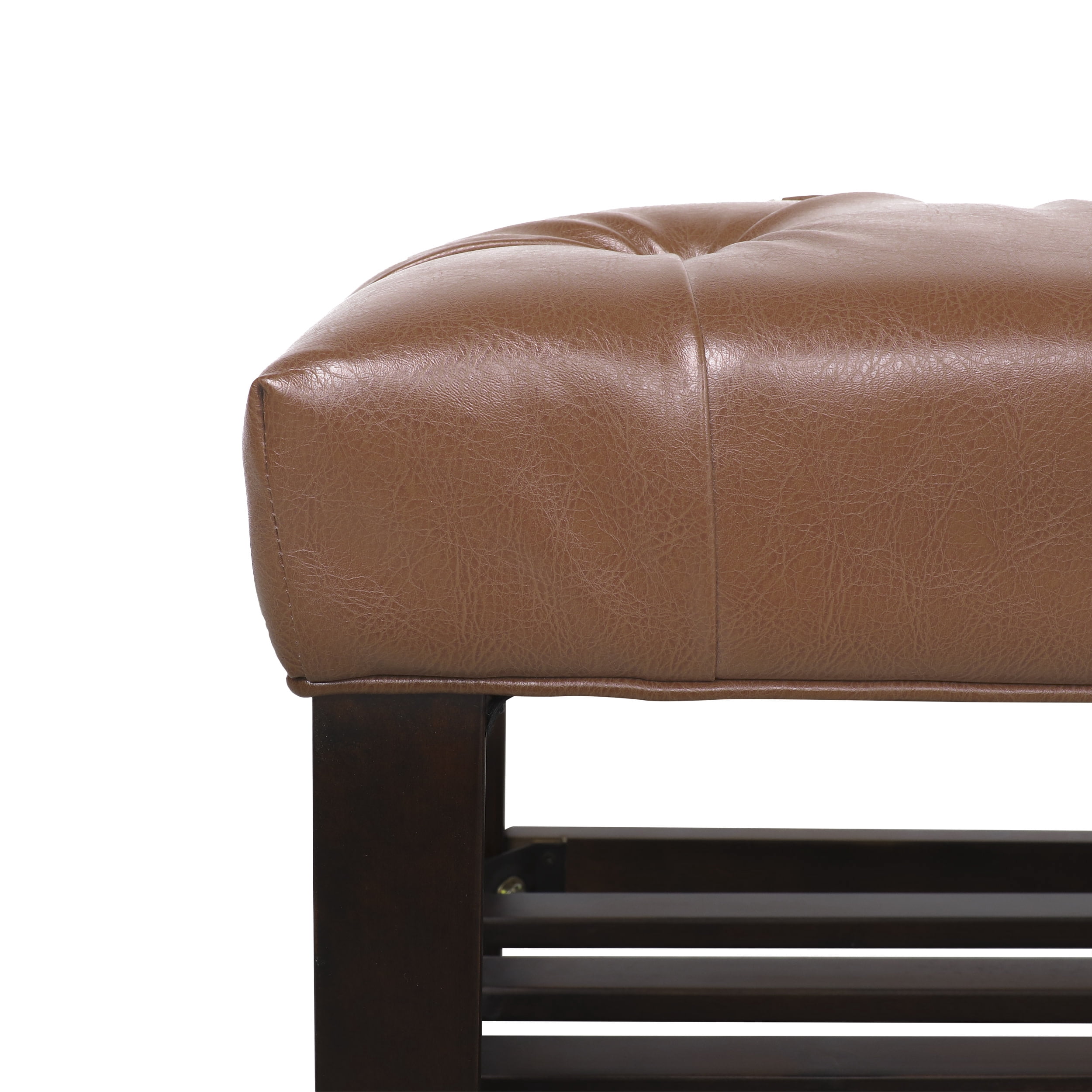 Noble House Wichita Faux Leather Button Tufted Bench with Shelf, Cognac Brown and Dark Walnut