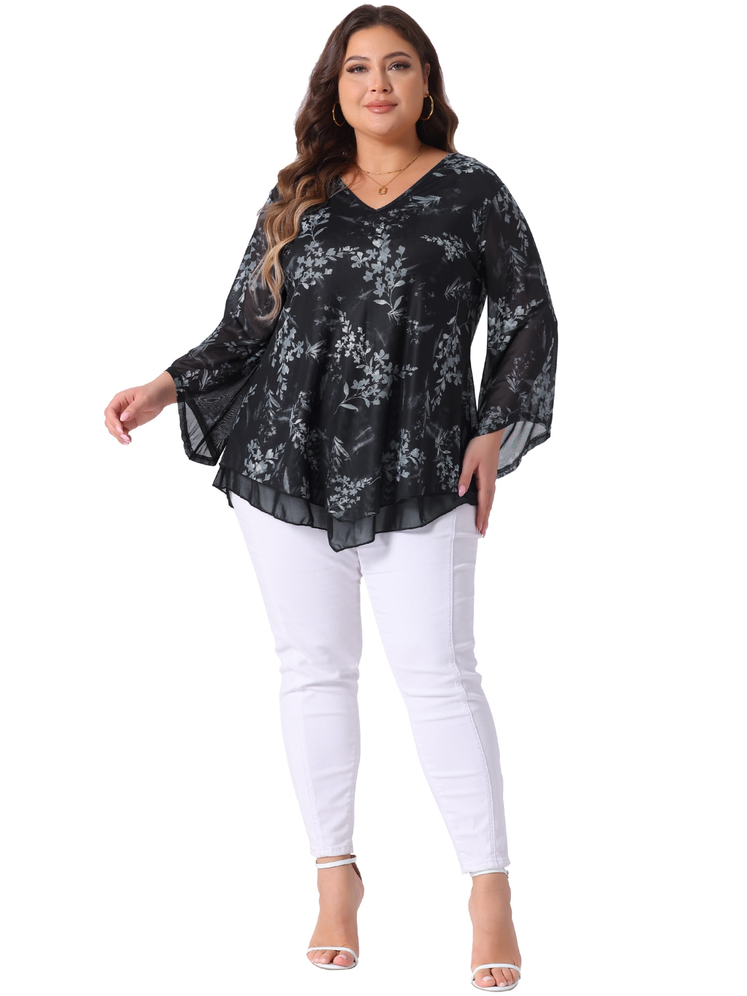 Women's Plus Women's Dressy Blouse V Neck Mesh Casual Flowy Work Shirts 3X Black