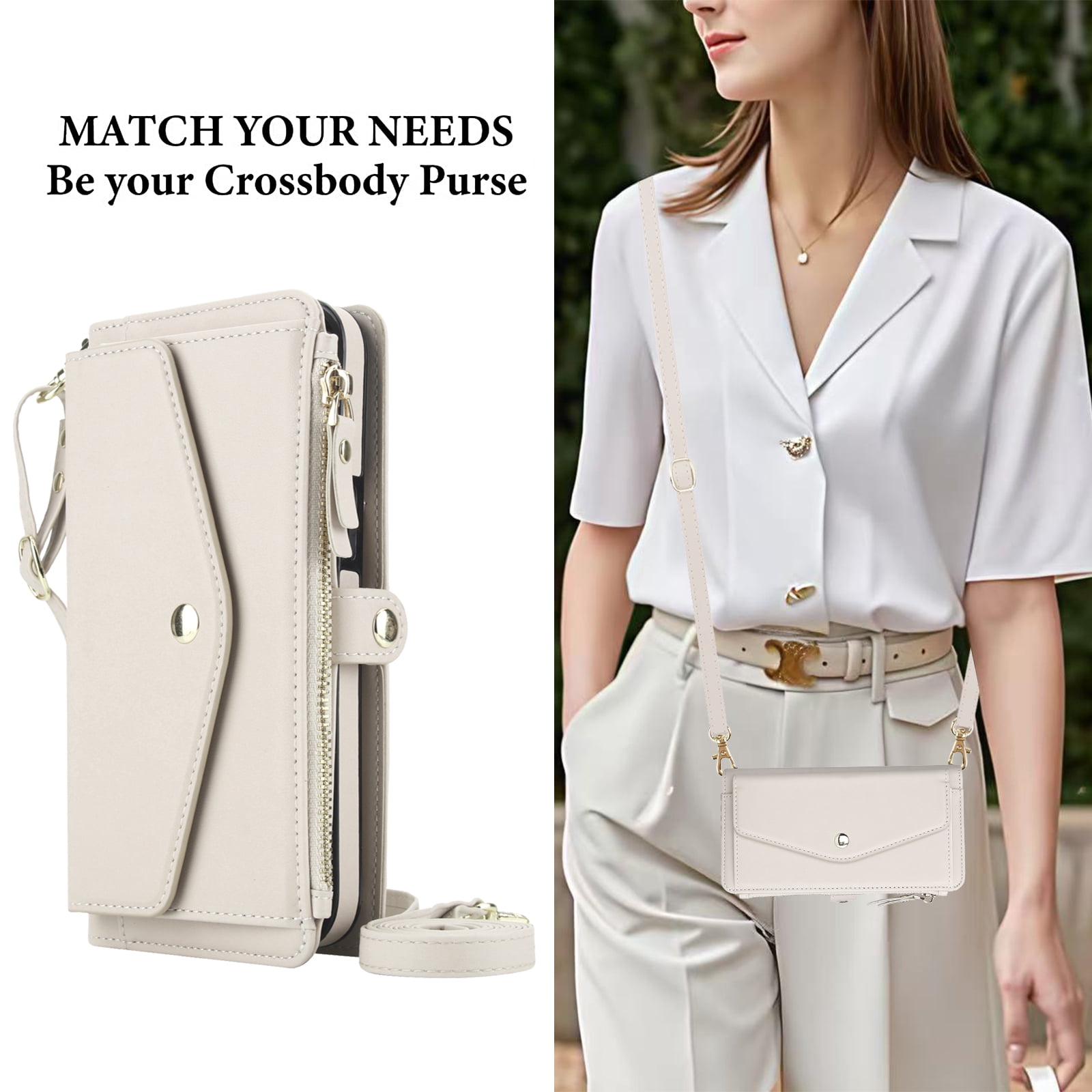 Designed for Google Pixel 9A Multi-Function Wallet Phone Case,With Shoulder Strap&Wrist Strap,Cash Pocket&Card Slots,Zipper Purse,Magnetic Detachable PU Leather Flip Phone Case,White