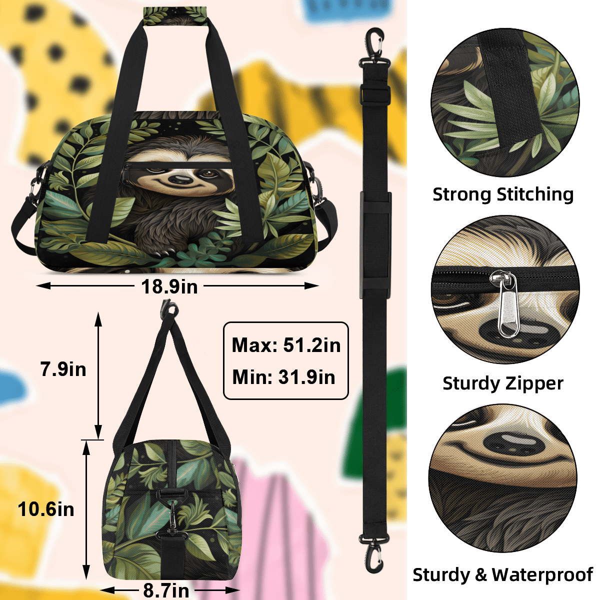 Herdesigns Cute Sports Duffle Bag for Women & Men, Sloth Gym Bag Dance Bag Overnight Bag Carry On Weekender Travel Bag