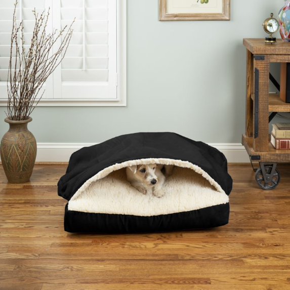 Snoozer Cozy Cave Square Pet Bed, Medium, Black Microsuede, Hooded Nesting Dog Bed