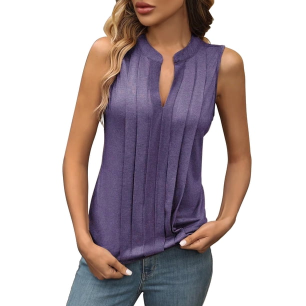 Top sin mangas con cuello en V y pliegues para mujer, poliéster-spandex, tallas S-XXL, elegante/casual, bloques de color