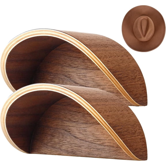 2-Pack Walnut Wood Cowboy Hat Holder, Retro Western Wood Hat Display Stand, Hat Shaper Support for Brim, Tabletop Hat Rack & Retail Hat Organizer for Entryway Closet (Brown)