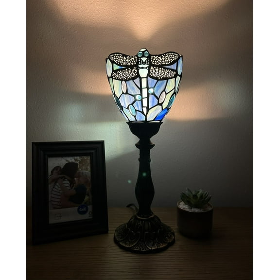 Tiffany Style Mini Torch Table Lamp Dragonfly Blue Stained Glass Included LED Bulb 15'H*6"W