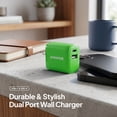 thumbnail image 2 of Powertek Neon Green Dual Port Wall Charger 20W USB-C PD + 18W USB-A Fast Charging Block for compatbile iPhone, Android, Tablets & USB Devices, Compact Travel Adapter, 2 of 5