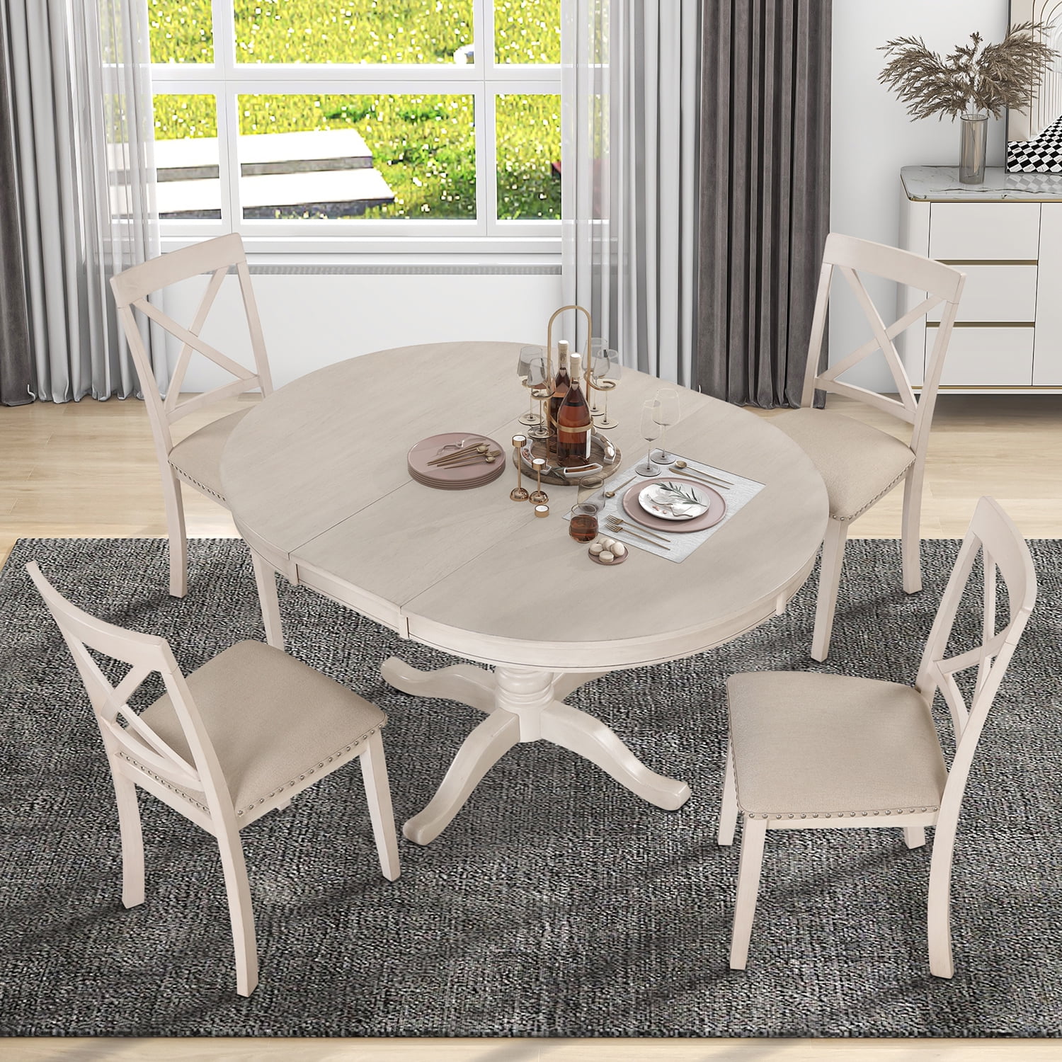 Kadyn 5 Piece Kitchen Dining Table and Chair Set, Dining Table Set for 4, Round Table and 4 Kitchen Room Chairs, Antique White