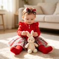 thumbnail image 3 of Enyan Baby Girl Clothes Newborn Fall Winter Outfit Ruffled Long Sleeve Romper Lace Dress Headband Stocking 4Piece Skirt Set 0-18 Months Red,12-18 Months, 3 of 6