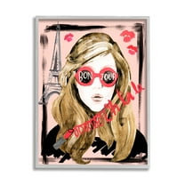 Stupell Industries Bon Jour Greeting Red Shades Glam Parisian Woman Beauty & Fashion Painting Gray Framed Art Print Wall Art, 11 x 14