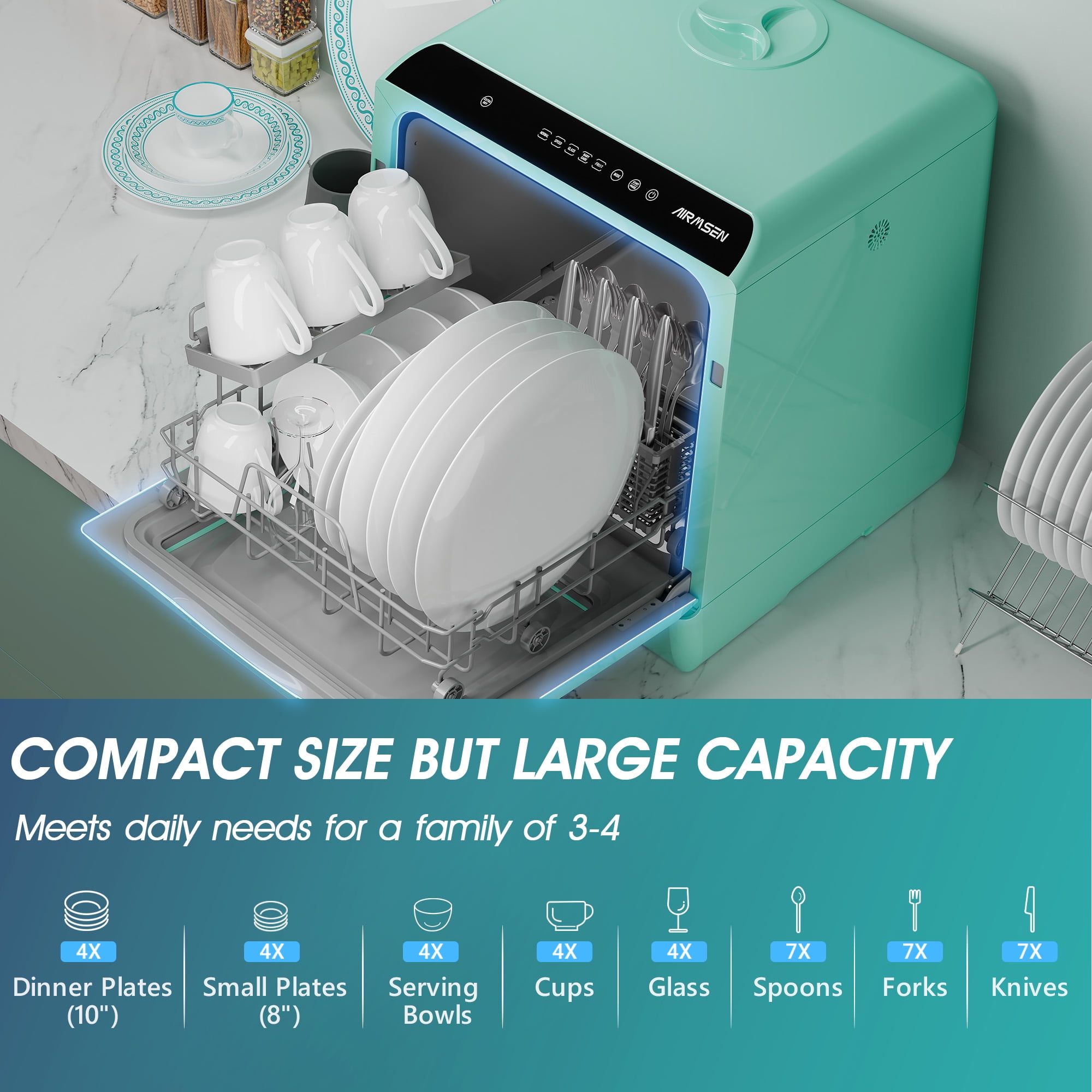 AIRMSEN Portable Countertop Dishwasher with 5-Liter Built-in Water Tank and Air-Dry Function, 5 Washing Programs Mini Dishwasher, Mint Green