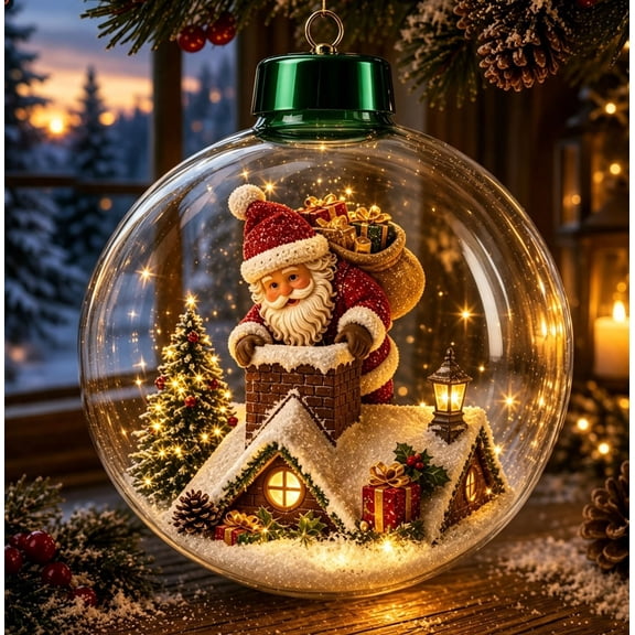 Light Up Christmas Glass Ball Ornament 3.1 Inches, Warm LED Scene with Santa Tree for Holiday Hanging Decor