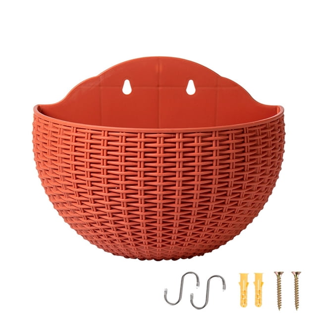 Flowerpots with Dish Ceramic, Imitation Rattan Wall Hanging Planter Semicircle Plastic Plant Baskets Container Flower Pot with Drainage and Hooks for Balcony Fence Wall Indoor Outdoor, Flower Pots