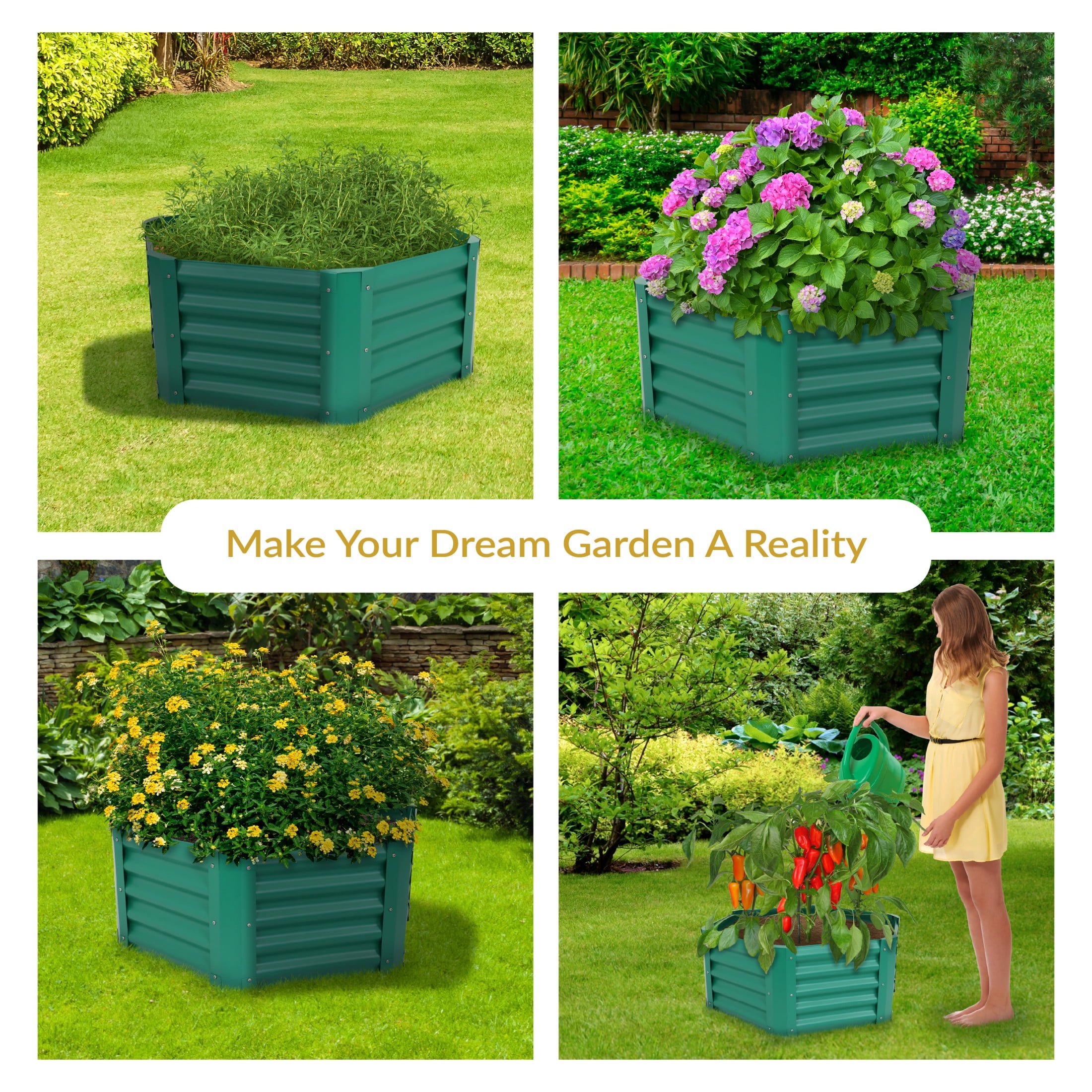 Sunnydaze 41" x 35.5" x 16.25" Hexagon Green Galvanized Steel Raised Garden Bed