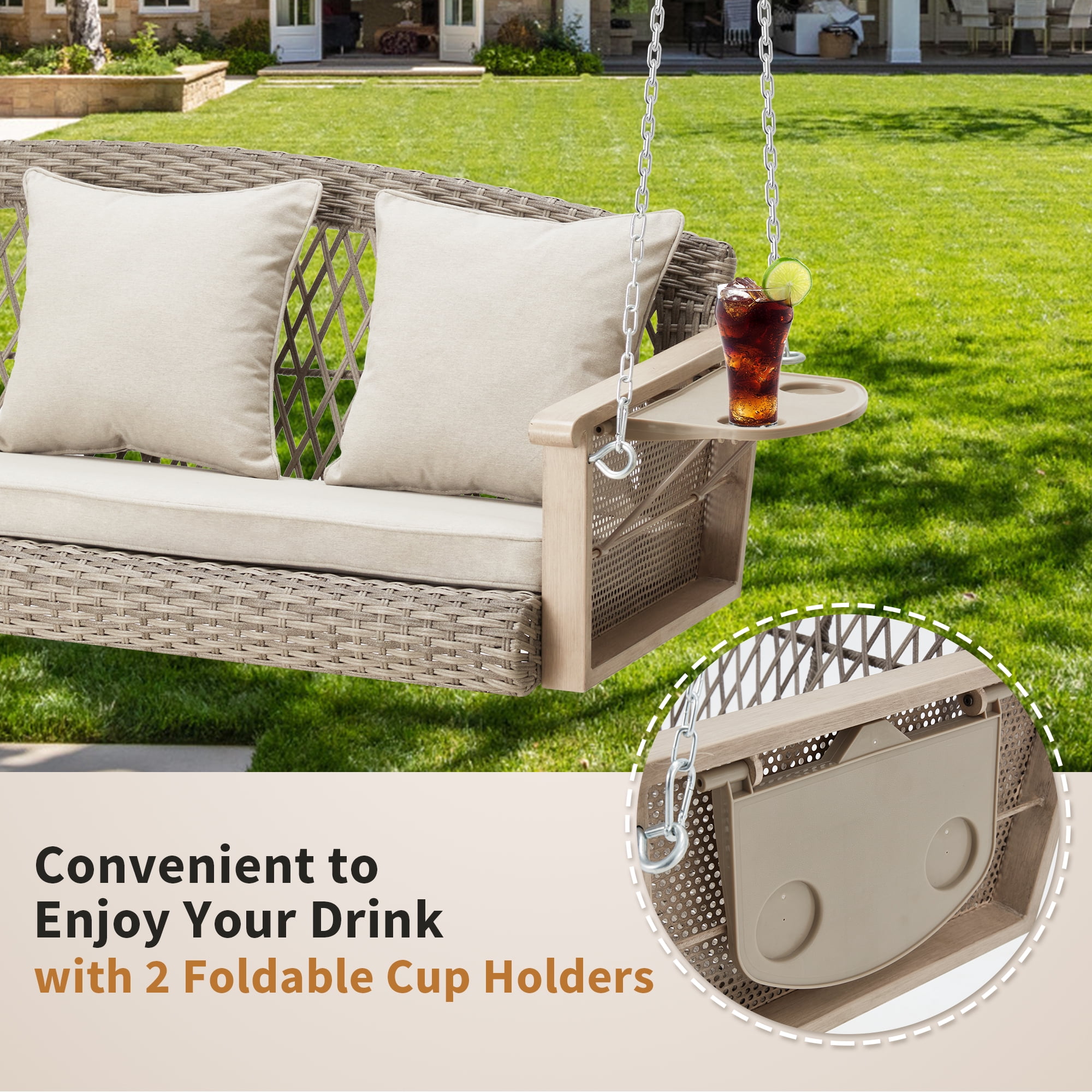 Homrest 3-Person Porch Swing 55in Wicker Hanging Swing Bench with Cushions and Cupholders for Deck, Garden and Backyard, Beige