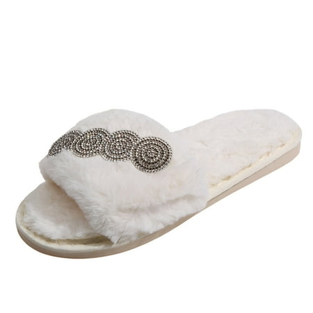 

GWAABD Women Indoor Shoes Fashionable Autumn and Winter Women Slippers Flat Bottom Non Slip Open Toe Plush Warm Comfortable Rhinestone
