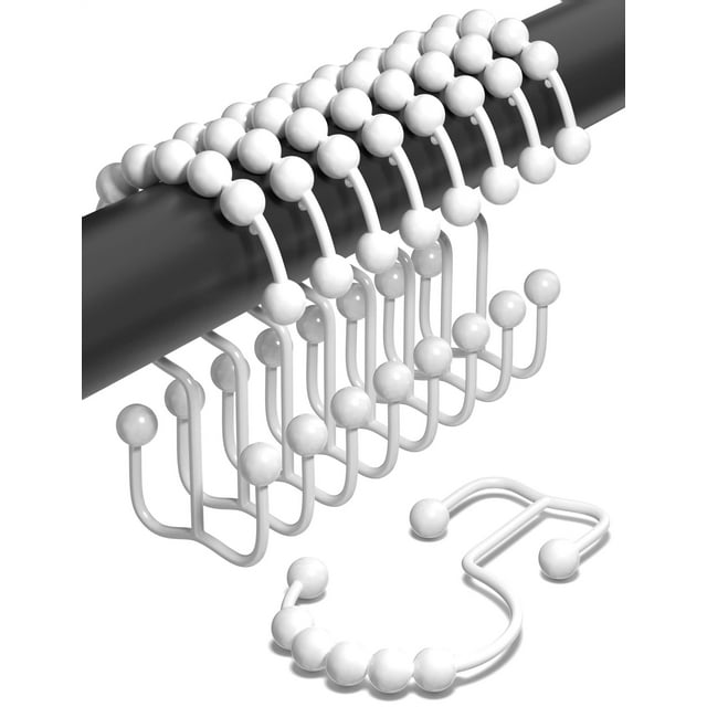 Ganchos Dobles Para Cortina De Ducha A Prueba De Óxido (Juego De 12) - Anillos Blancos De Acero Inoxidable Para Cortina De Ducha - Bolas De Rodillos Para Un Fácil Deslizamiento - Ganchos Dobles Blanco