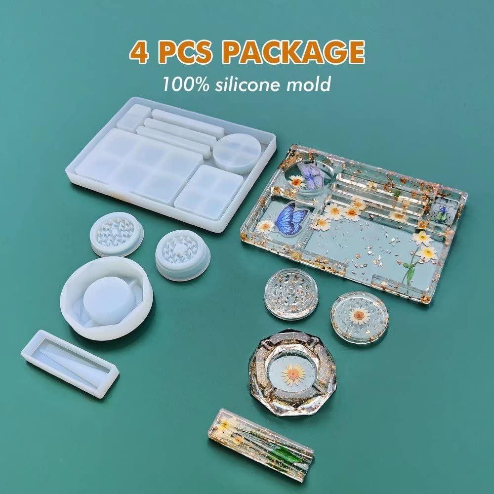 Pack of 5 Resin Tray & Grinder Mold for Grind and Storage, Large Silicone Molds for DIY Resin Epoxy Kit