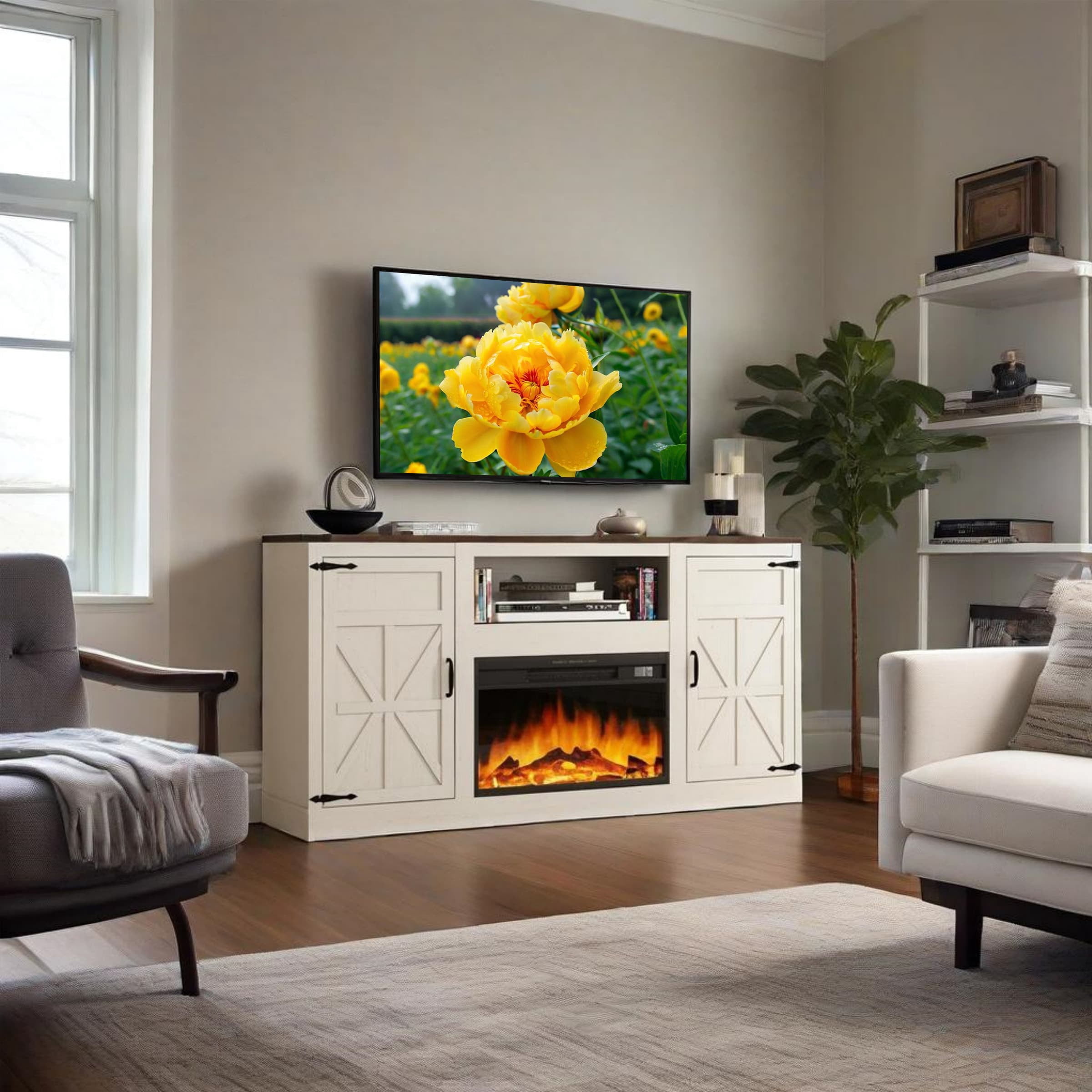 Blotout Farmhouse Fireplace TV Stand for TVs up to up 75" TVs, 66" Entertainment Center with with 26" Electric Fireplace & Adjustable Shelves for Living Room Bedroom