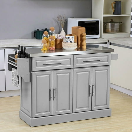 Resenkos Mobile Kitchen Cart with Stainless Steel Top, Features Two Drawers, Adjustable Shelves, and Integrated Spice, Knife, and Towel Racks, Gray