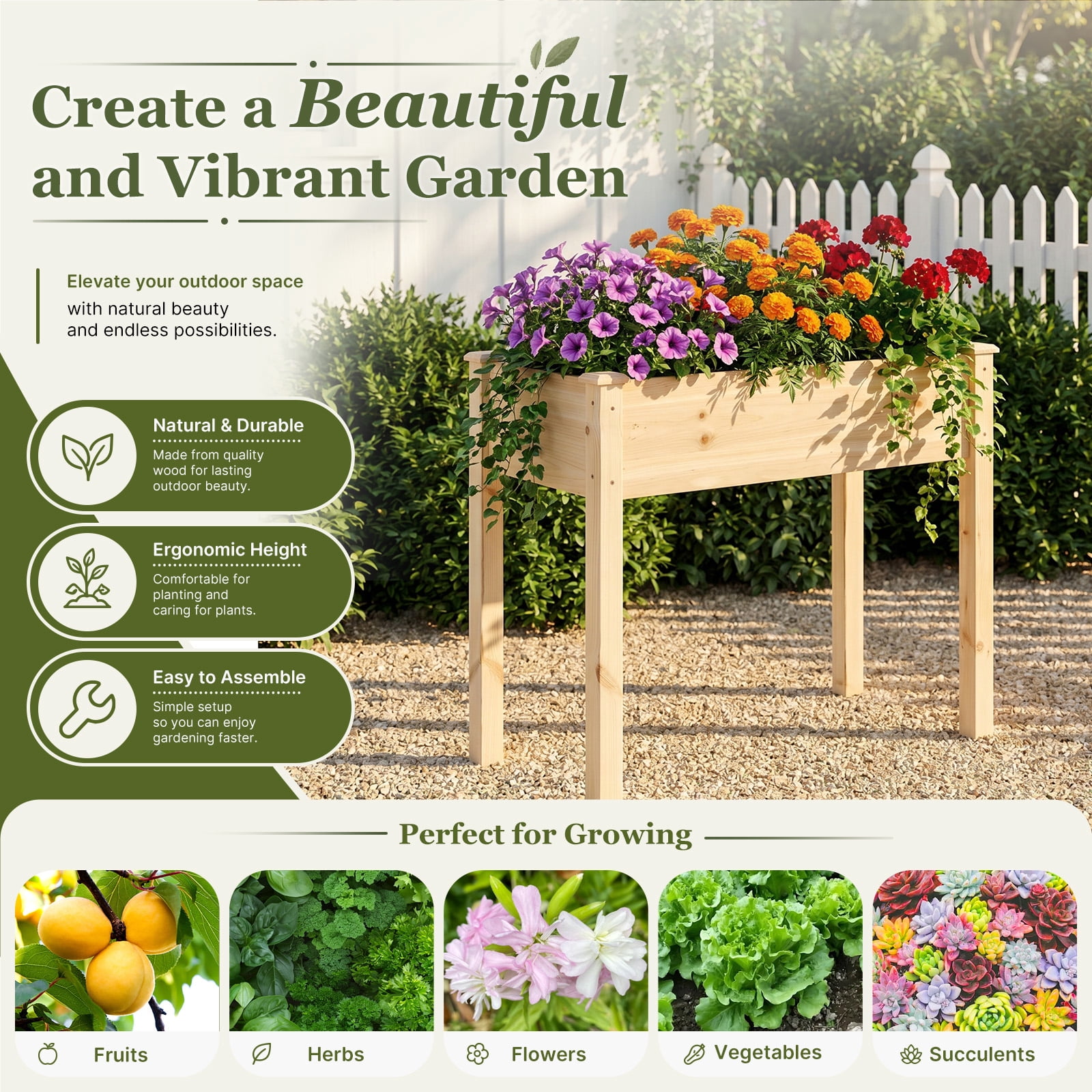 Wooden Raised Garden Bed with Legs, 34"L X 18"W X 30"H, Elevated Reinforced Large Planter Box for Vegetable Flower Herb Outdoors