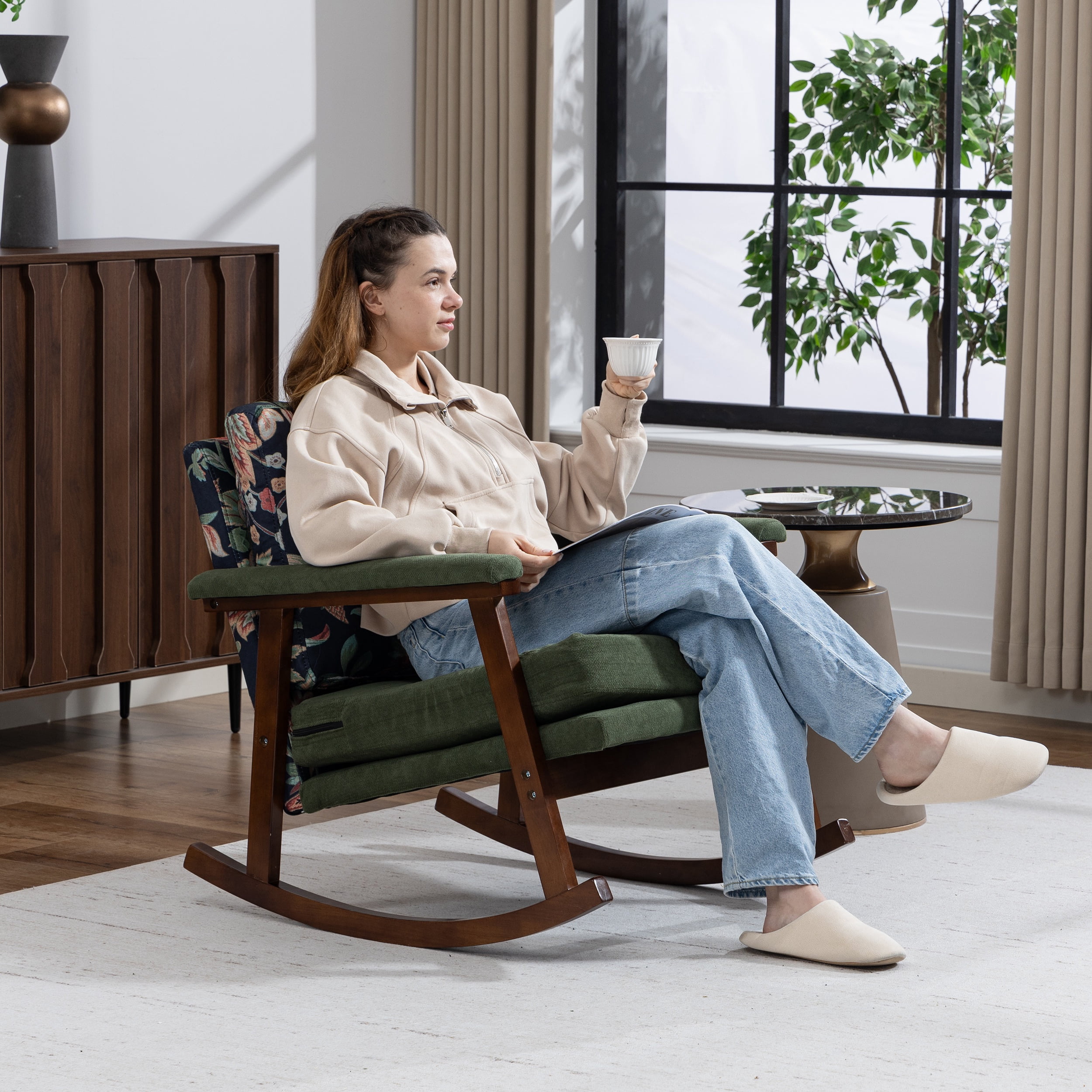 Paproos Rocking Chair, Paproos Velvet Upholstered Rocker Chair, Glider Rocker Accent Chair with Cushion, Rocking Chair for Nursery, Armchair Reading Chair for Living Room Bedroom, Green