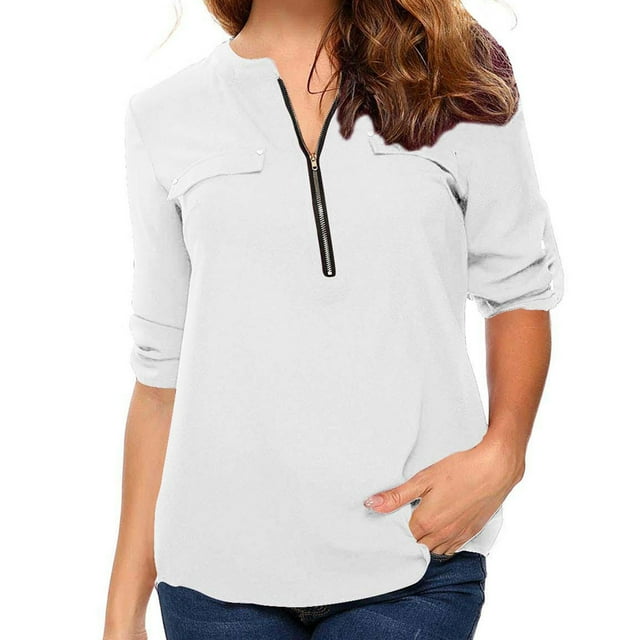 EQWLJWE Hauts à Manches 3/4 pour Femmes, Chemises d'Été à Manches Longues, Tunique Décontractée à Fermeture Éclair, Blouse Roulable à Col en V, Hauts pour Femmes, Manches 3/4 en Solde