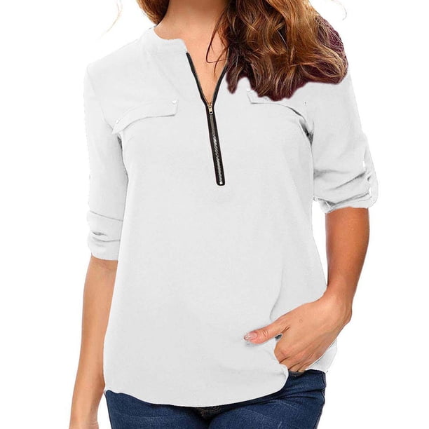 ICHUANYI Clearance Women's Summer Long Sleeve Zip Casual Tunic V-Neck Rollable Blouse Tops(White, XL) ICHUANYI WER2023081107848