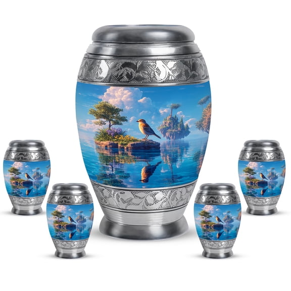 JAGASY Sparrow Funeral Urns for Adult Male Ashes, 10 Inch Large Floating Island Urn for Human Ashes Adult Female, 3 Inch Blue Keepsake Cremation Urns, Combo 1 Large & 4 Small