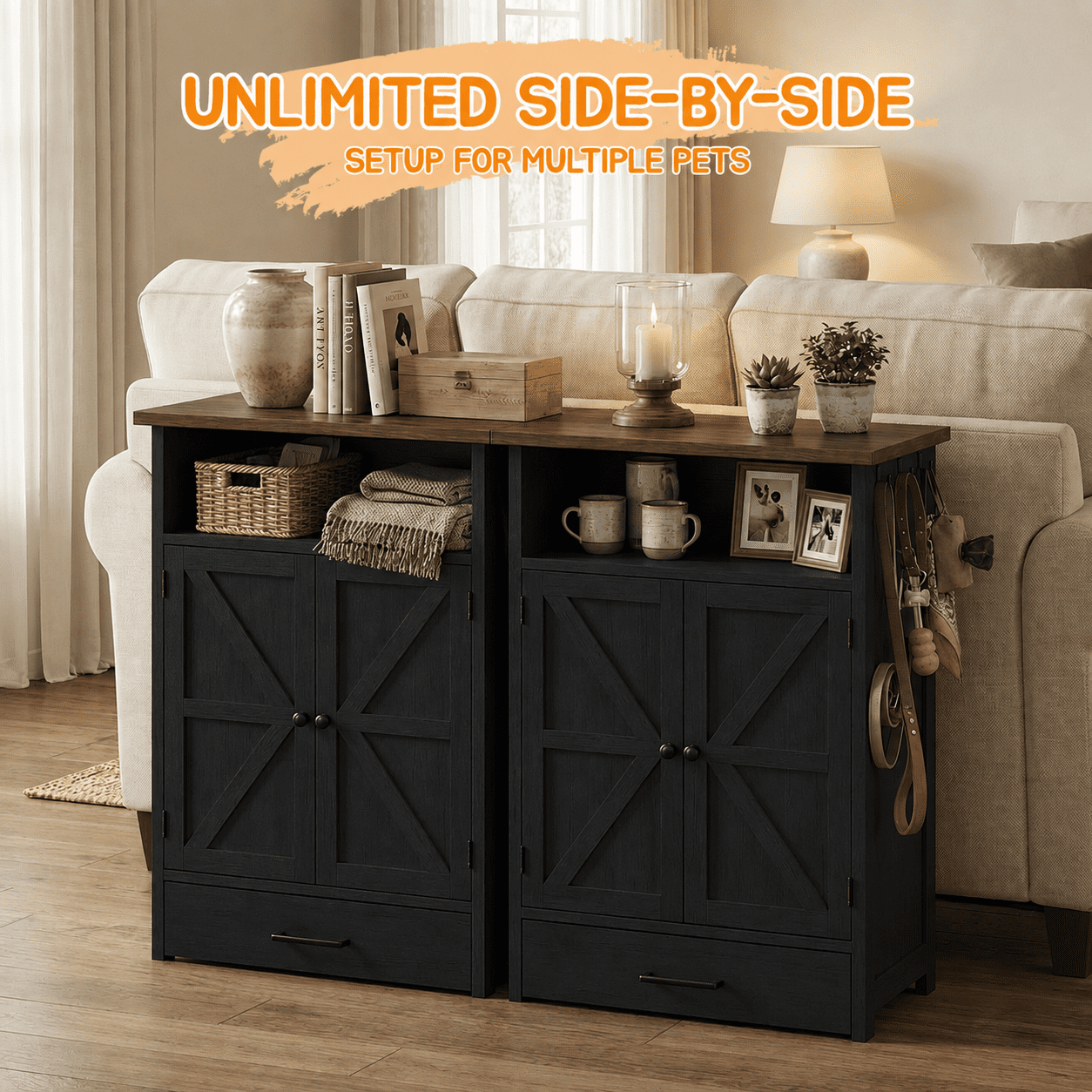 Dog Feeding Station with Storage Cabinet, Pet Feeder Station Cabinet with 3 Side Hooks, Raised 2 Elevated Dog Bowls & Hidden Pull-Out Drawer