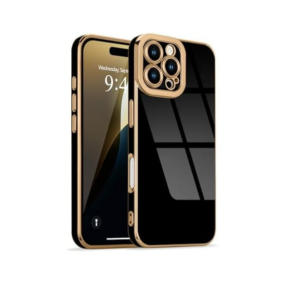 Designed for iPhone 16 Pro Max Case Cute, Luxury Plating for Women Girls Gold Edge TPU Bumper Cover with Camera Protection Shockproof Silicone Phone Case for iPhone 16 Pro Max, Black